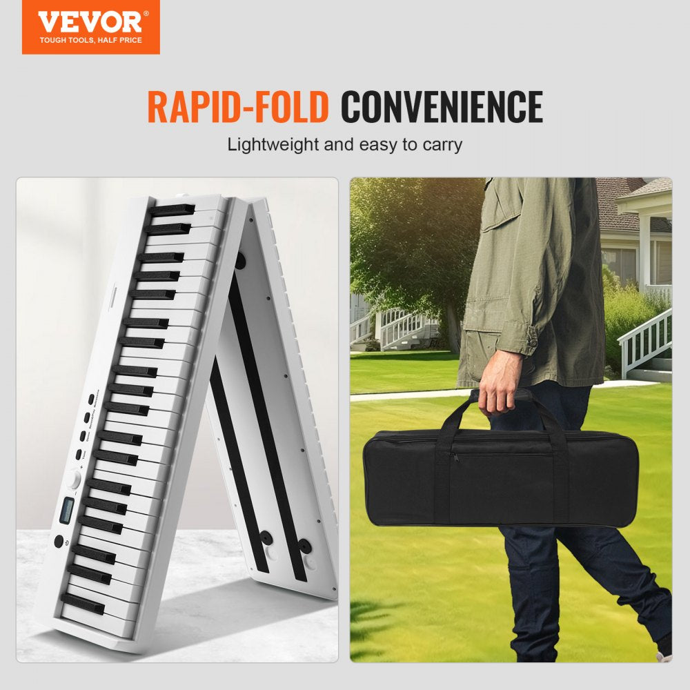 VEVOR 88 Key Folding Keyboard Piano, Bluetooth & MIDI, Portable Electronic Digital Foldable Piano with Sustain Pedal Bag Touch Sensitive Keys Headphones, Rechargeable for Beginners Teens Adults, White