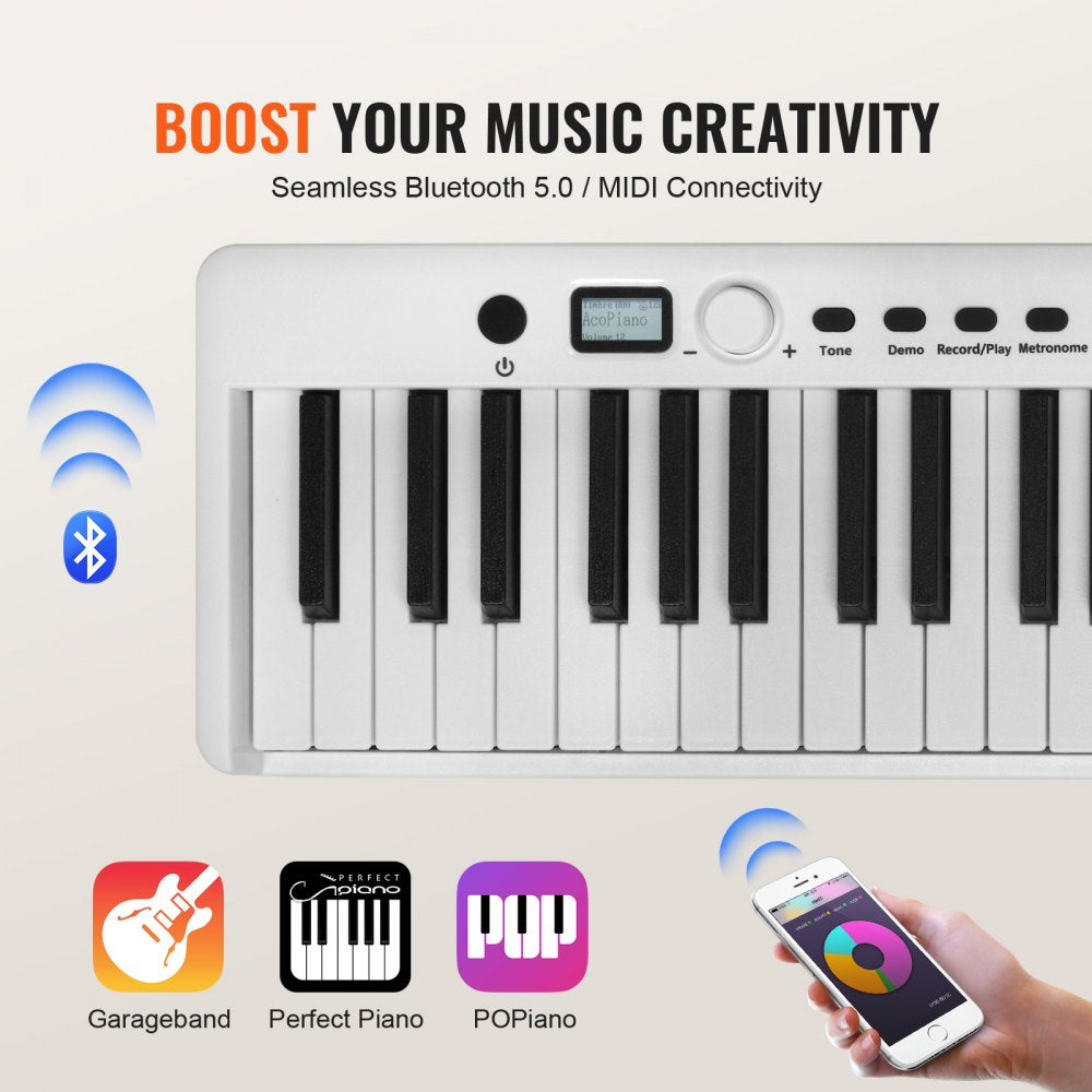 VEVOR 88 Key Folding Keyboard Piano, Bluetooth & MIDI, Portable Electronic Digital Foldable Piano with Sustain Pedal Bag Touch Sensitive Keys Headphones, Rechargeable for Beginners Teens Adults, White
