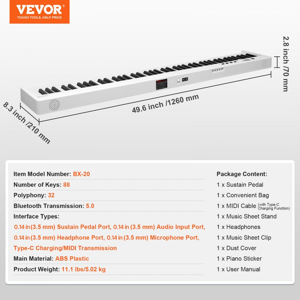 VEVOR 88 Key Folding Keyboard Piano, Bluetooth & MIDI, Portable Electronic Digital Foldable Piano with Sustain Pedal Bag Touch Sensitive Keys Headphones, Rechargeable for Beginners Teens Adults, White
