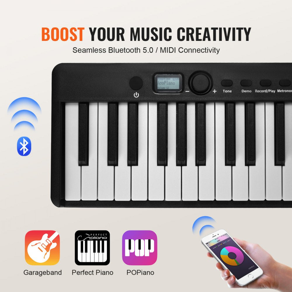 VEVOR 88 Key Folding Keyboard Piano, Bluetooth & MIDI, Portable Electronic Digital Foldable Piano with Stand Sustain Pedal Bag Touch Sensitive Keys, Rechargeable for Beginners Teens Adults, Black