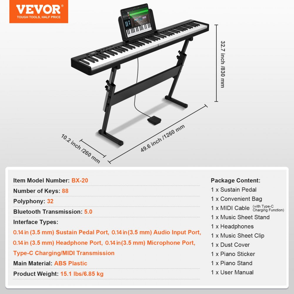 bluetooth sustain pedal VEVOR 88-key Folding Digital Piano Keyboard Bluetooth Midi Portable Rechargeable Black With Stand Pedal Bag