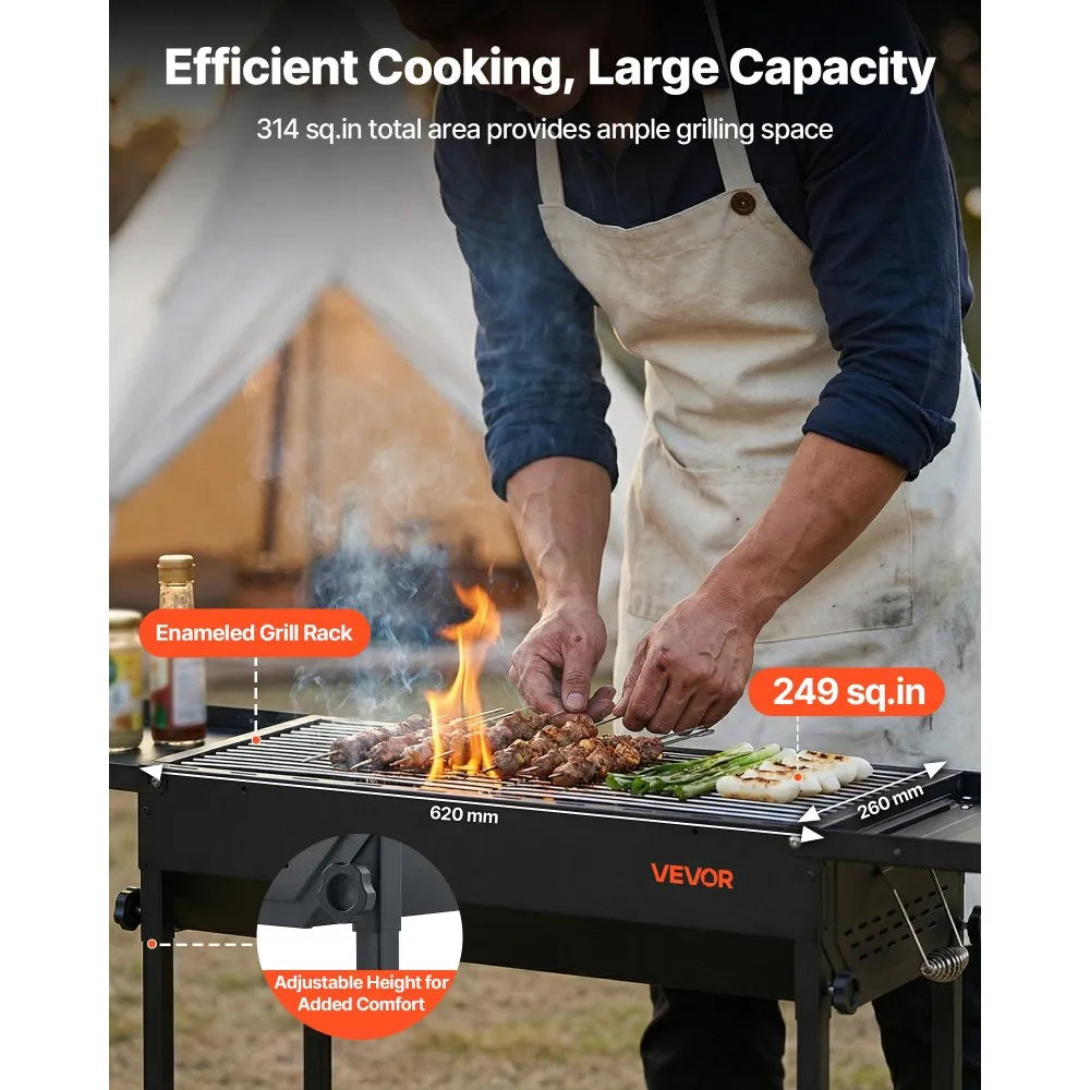 VEVOR Foldable Charcoal Grill, Portable Charcoal Barbecue Grill with Adjustable Height & Folding Side Tables, High-Temp Powder-Coated Steel Outdoor BBQ Grills for Camping Backyard Parties