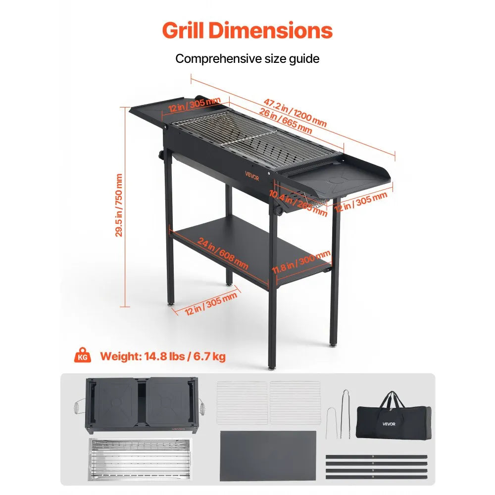 VEVOR Foldable Charcoal Grill, Portable Charcoal Barbecue Grill with Adjustable Height & Folding Side Tables, High-Temp Powder-Coated Steel Outdoor BBQ Grills for Camping Backyard Parties