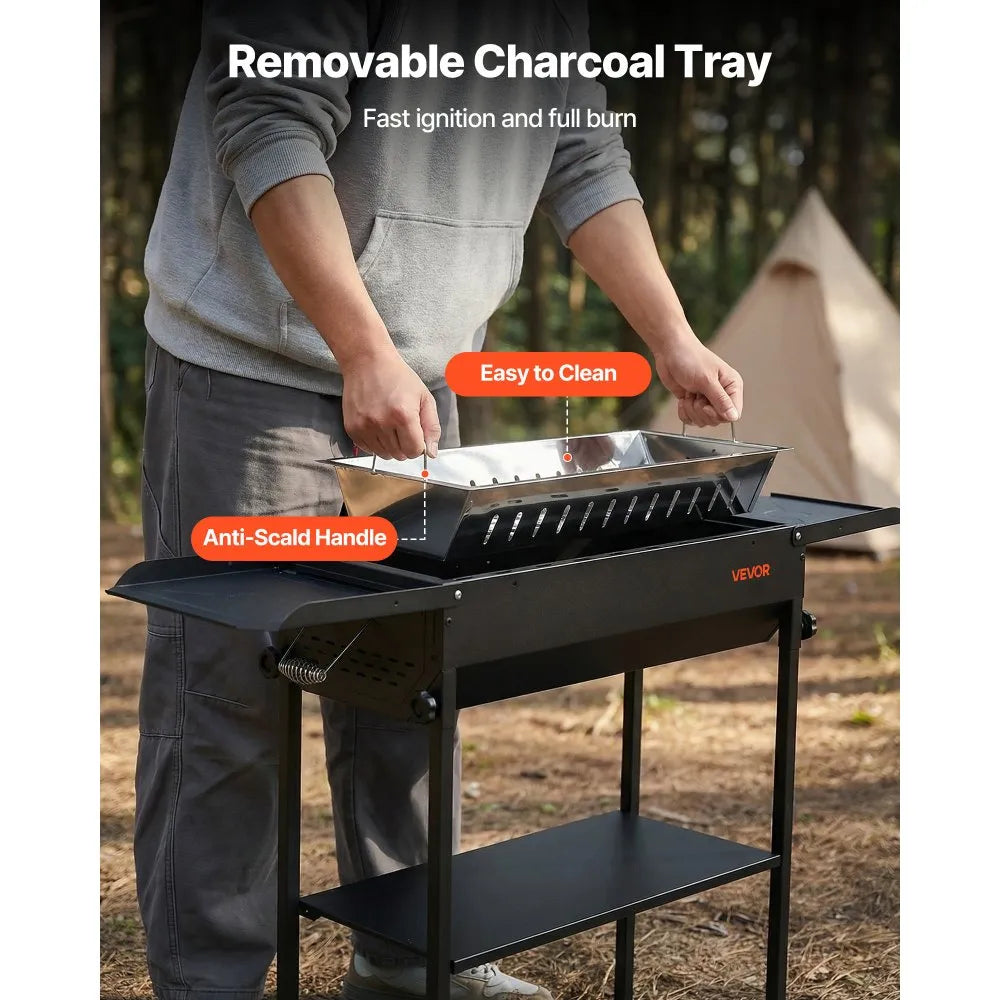 VEVOR Foldable Charcoal Grill, Portable Charcoal Barbecue Grill with Adjustable Height & Folding Side Tables, High-Temp Powder-Coated Steel Outdoor BBQ Grills for Camping Backyard Parties