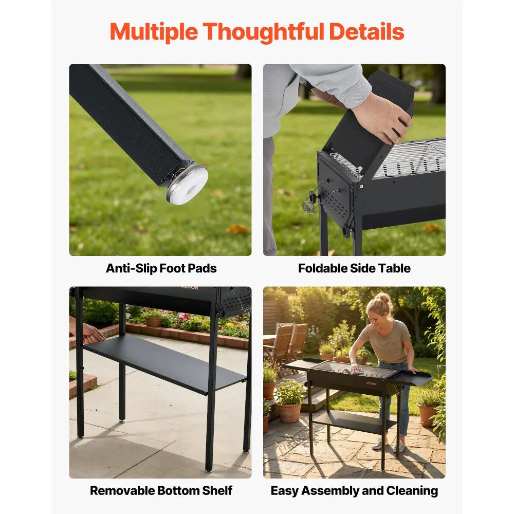 VEVOR Foldable Charcoal Grill, Portable Charcoal Barbecue Grill with Adjustable Height & Folding Side Tables, High-Temp Powder-Coated Steel Outdoor BBQ Grills for Camping Backyard Parties