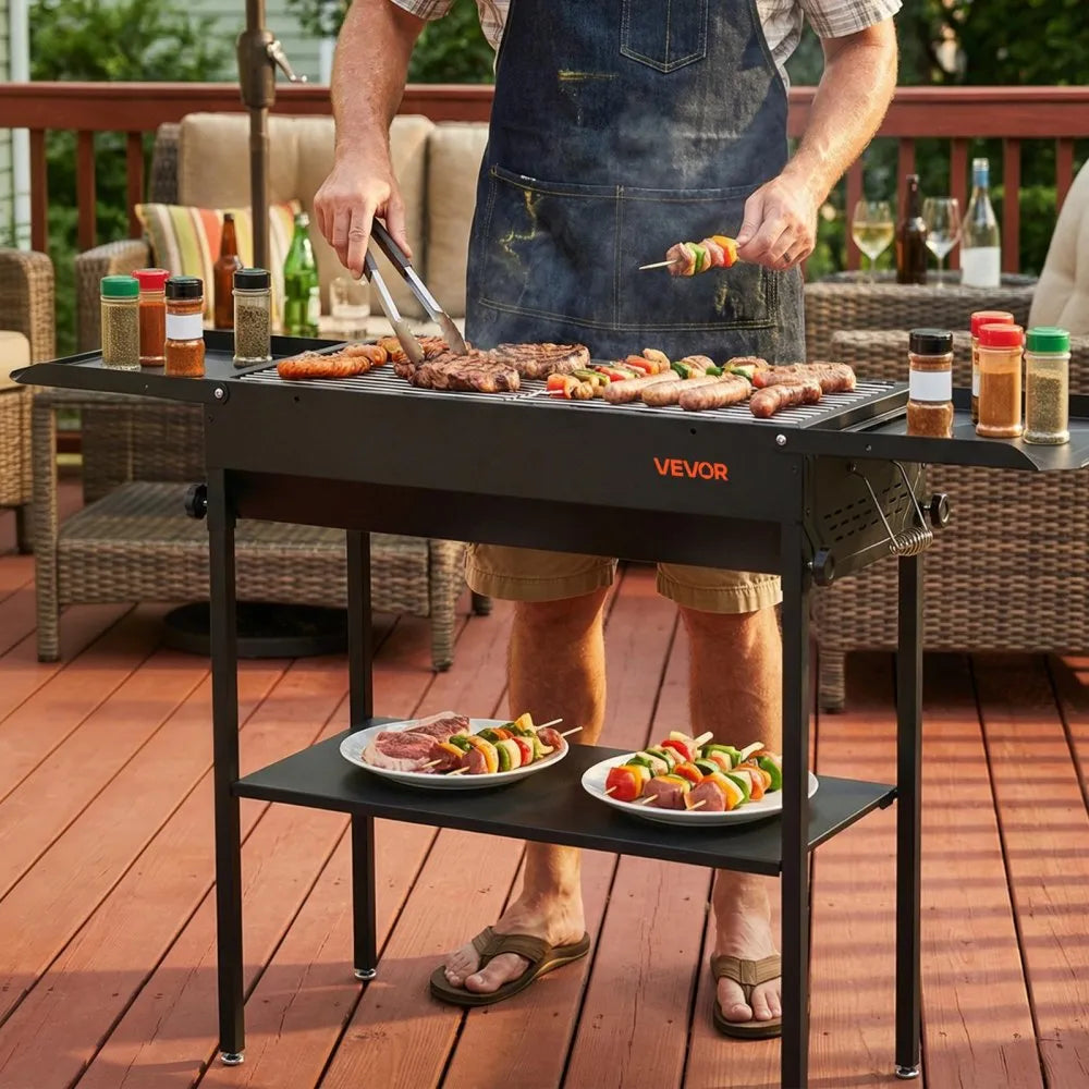 VEVOR Foldable Charcoal Grill, Portable Charcoal Barbecue Grill with Adjustable Height & Folding Side Tables, High-Temp Powder-Coated Steel Outdoor BBQ Grills for Camping Backyard Parties