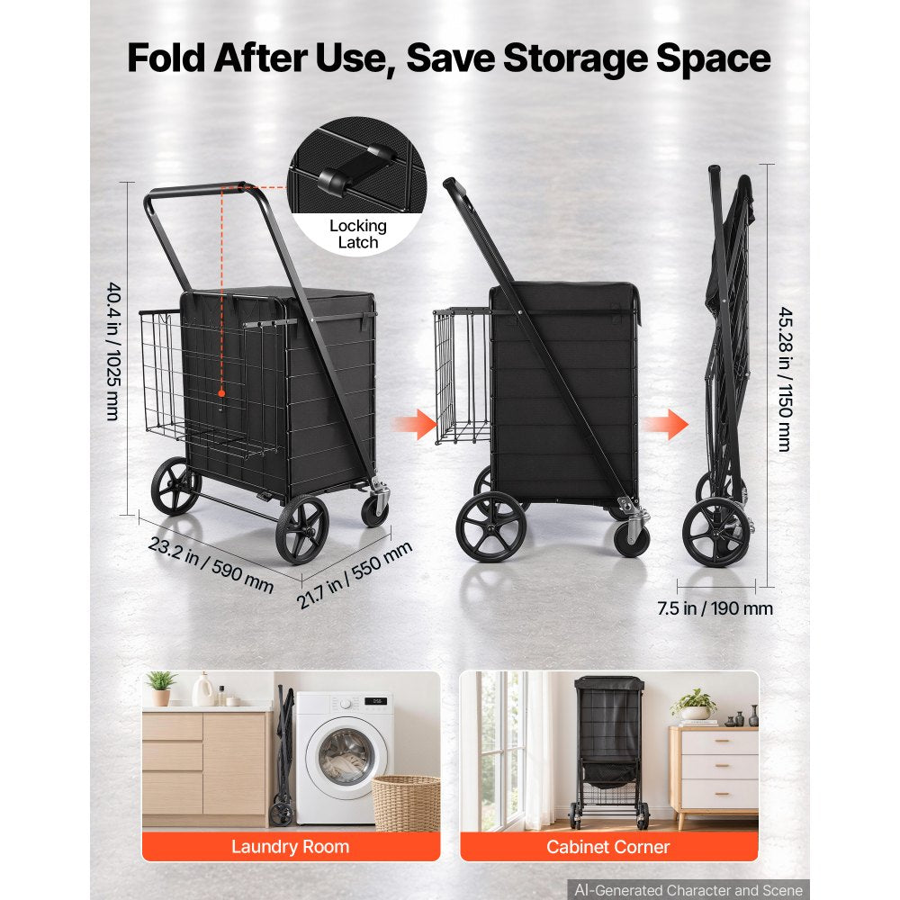 VEVOR Folding Shopping Cart, 24.3 Gal + 6.1 Gal Dual-Basket Grocery Cart, 220LBS Capacity, Steel Rolling Utility Cart with Waterproof Liner & 360° Swivel Wheel for Laundry, Shopping, Camping, Grocery