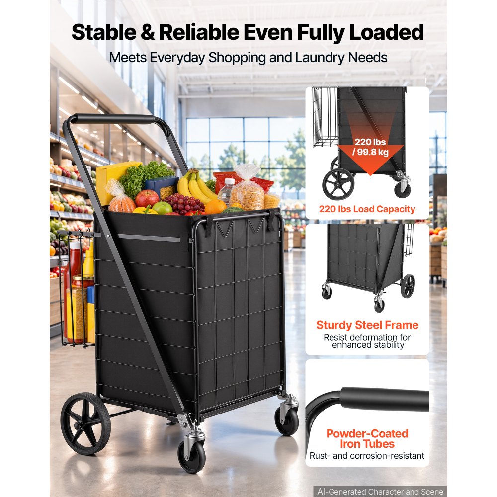 VEVOR Folding Shopping Cart, 24.3 Gal + 6.1 Gal Dual-Basket Grocery Cart, 220LBS Capacity, Steel Rolling Utility Cart with Waterproof Liner & 360° Swivel Wheel for Laundry, Shopping, Camping, Grocery