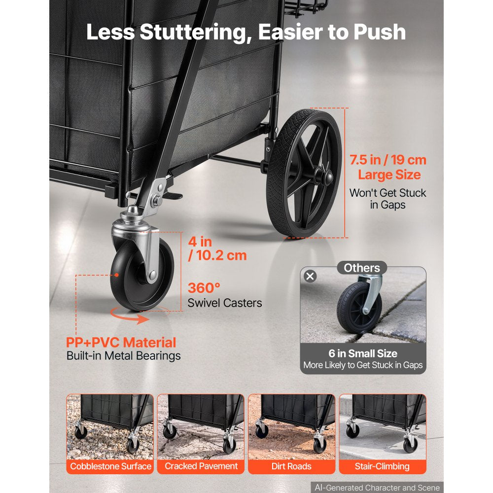 VEVOR Folding Shopping Cart, 24.3 Gal + 6.1 Gal Dual-Basket Grocery Cart, 220LBS Capacity, Steel Rolling Utility Cart with Waterproof Liner & 360° Swivel Wheel for Laundry, Shopping, Camping, Grocery