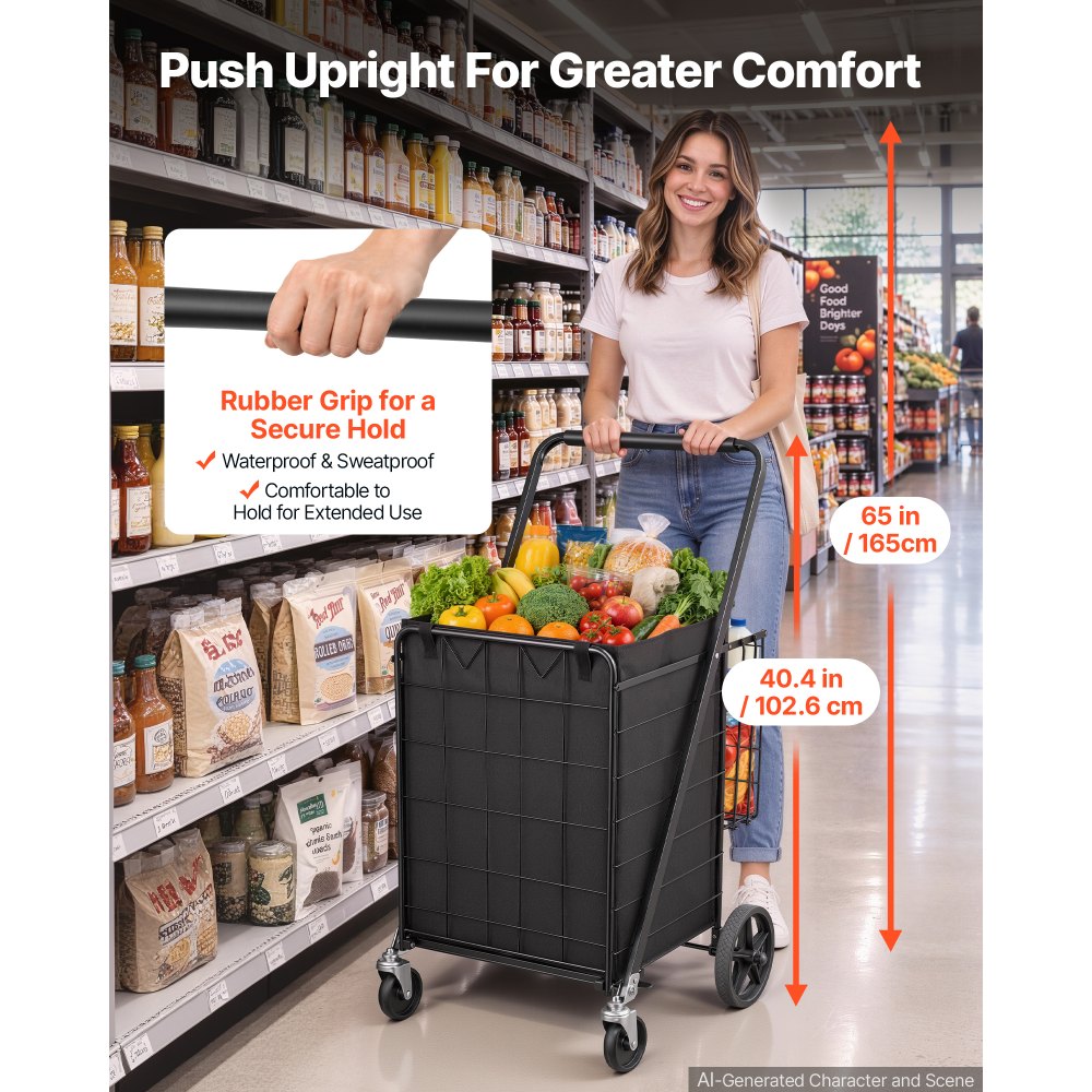 VEVOR Folding Shopping Cart, 24.3 Gal + 6.1 Gal Dual-Basket Grocery Cart, 220LBS Capacity, Steel Rolling Utility Cart with Waterproof Liner & 360° Swivel Wheel for Laundry, Shopping, Camping, Grocery
