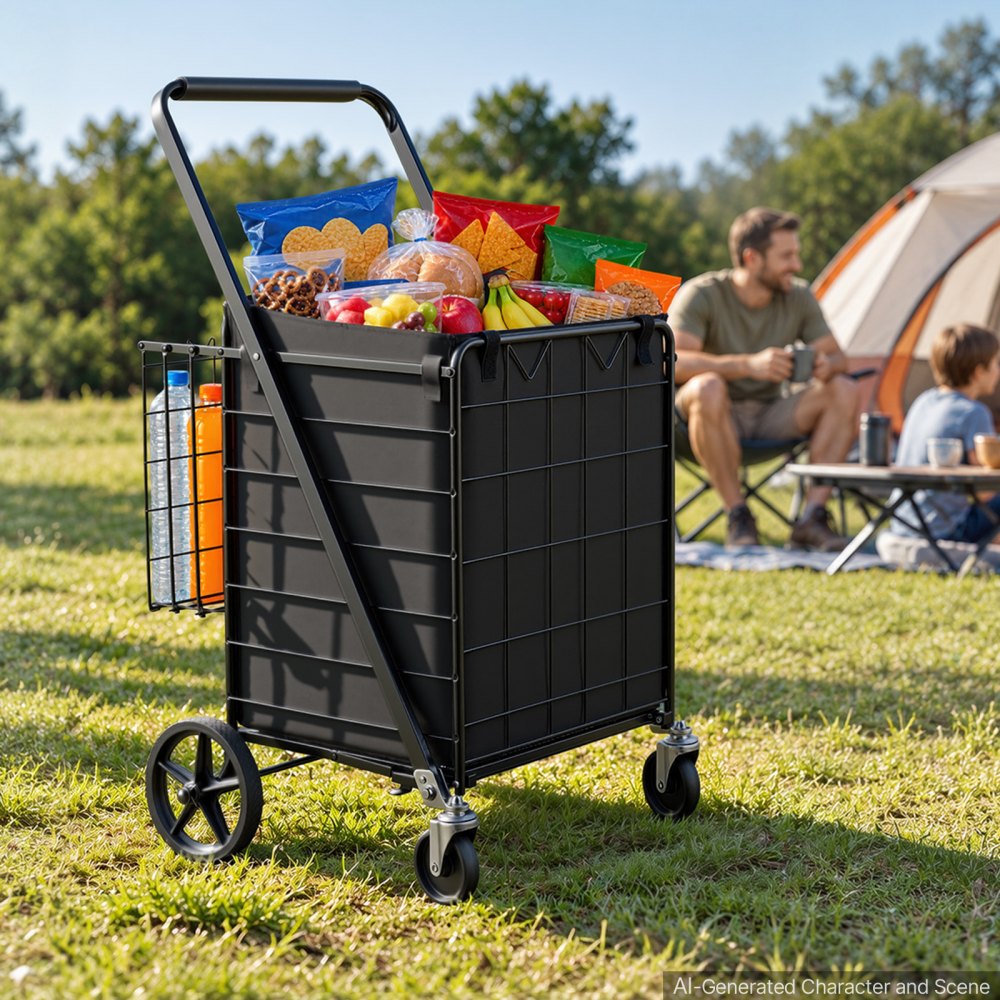 VEVOR Folding Shopping Cart, 24.3 Gal + 6.1 Gal Dual-Basket Grocery Cart, 220LBS Capacity, Steel Rolling Utility Cart with Waterproof Liner & 360° Swivel Wheel for Laundry, Shopping, Camping, Grocery