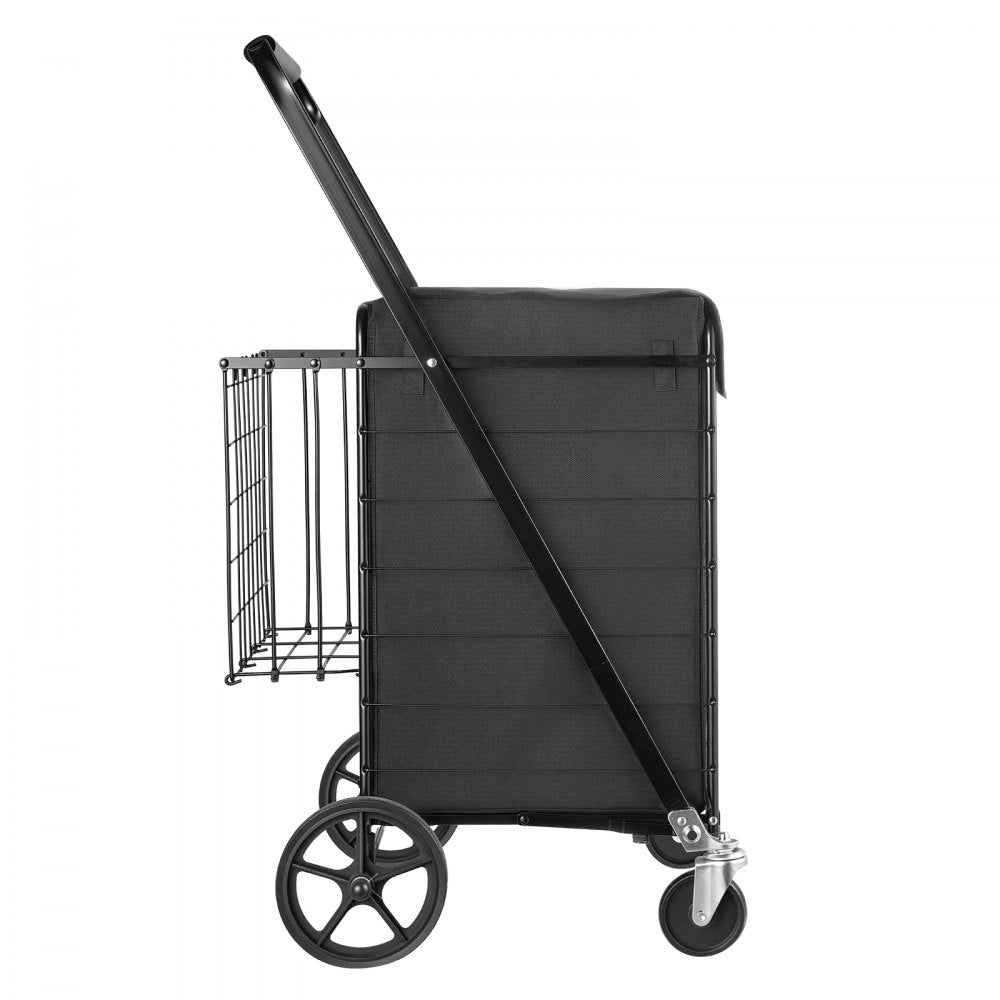 VEVOR Folding Shopping Cart, 24.3 Gal + 6.1 Gal Dual-Basket Grocery Cart, 220LBS Capacity, Steel Rolling Utility Cart with Waterproof Liner & 360° Swivel Wheel for Laundry, Shopping, Camping, Grocery