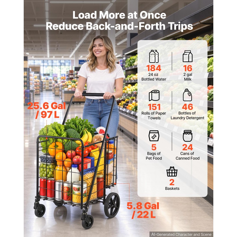 VEVOR Folding Shopping Cart, 25.6 Gal + 5.8 Gal Dual-Basket Grocery Cart, 110LBS Heavy Duty Capacity, Steel Rolling Utility Cart with 360° Swivel Wheels for Laundry, Shopping, Camping, Groceries