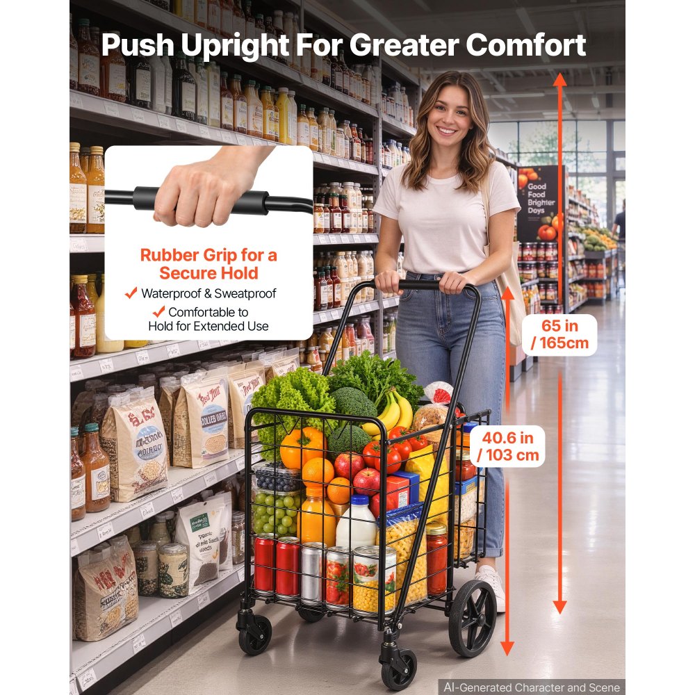 VEVOR Folding Shopping Cart, 25.6 Gal + 5.8 Gal Dual-Basket Grocery Cart, 110LBS Heavy Duty Capacity, Steel Rolling Utility Cart with 360° Swivel Wheels for Laundry, Shopping, Camping, Groceries