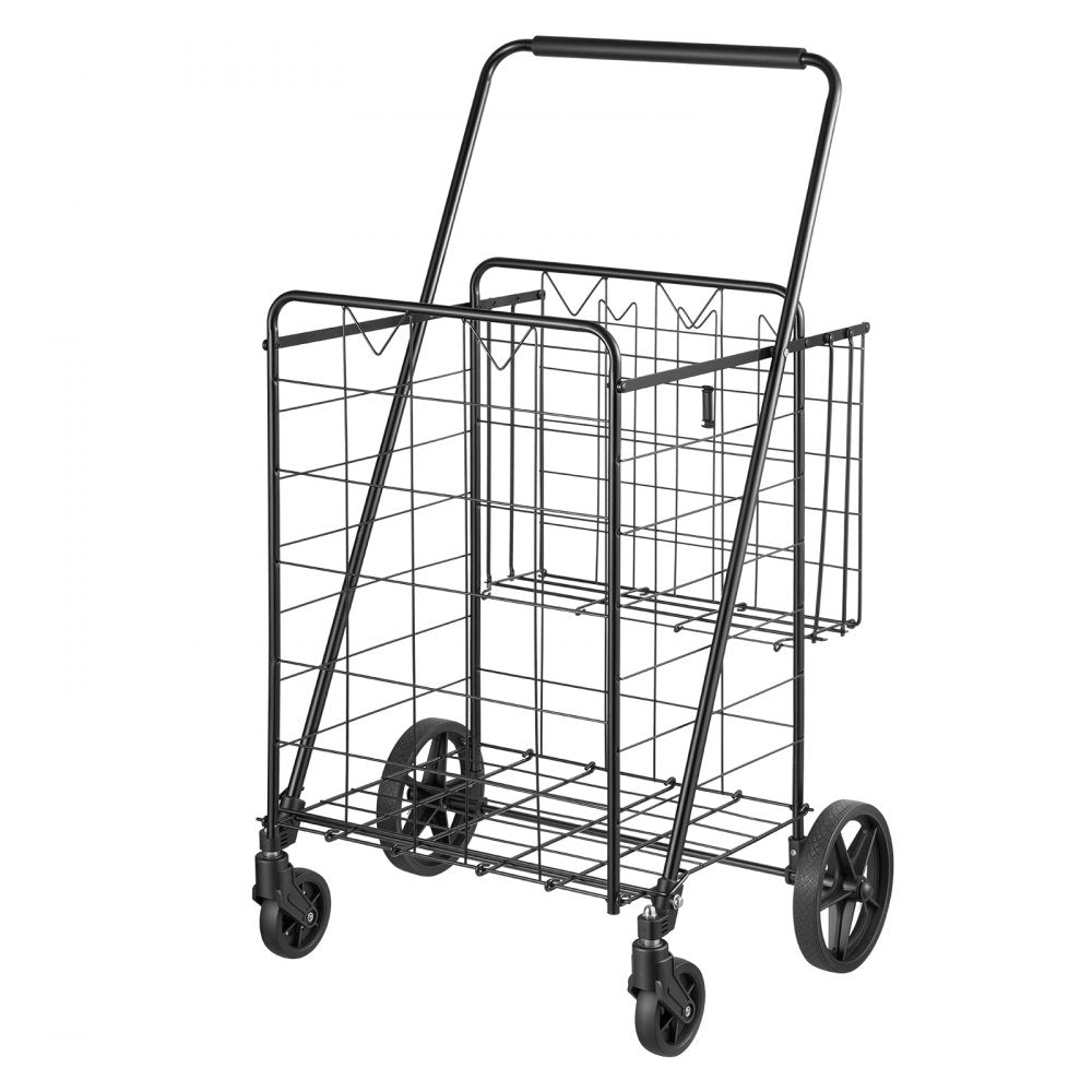 VEVOR Folding Shopping Cart, 25.6 Gal + 5.8 Gal Dual-Basket Grocery Cart, 110LBS Heavy Duty Capacity, Steel Rolling Utility Cart with 360° Swivel Wheels for Laundry, Shopping, Camping, Groceries