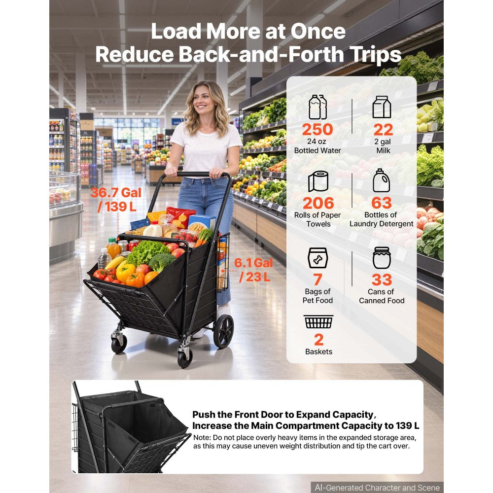 VEVOR Folding Shopping Cart, 36.7 Gal + 6.1 Gal Dual-Basket Grocery Cart, 260LBS Capacity, Large Rolling Utility Cart with Waterproof Liner & 360° Swivel Wheel for Laundry, Shopping, Camping, Grocery
