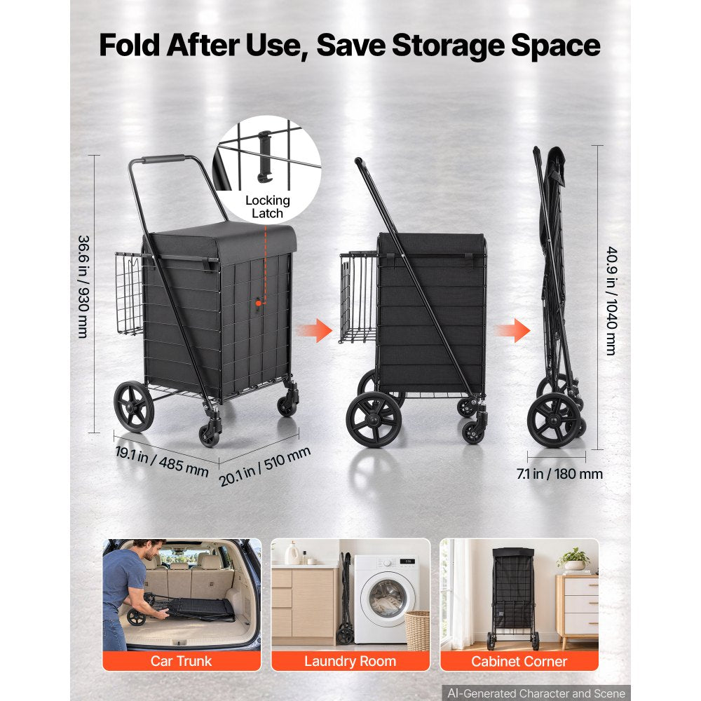 VEVOR Folding Shopping Cart, 17.7 Gal + 3.4 Gal Dual-Basket Grocery Cart, 100LBS Capacity, Steel Rolling Utility Cart with Waterproof Liner & 360° Swivel Wheel for Laundry, Shopping, Camping, Grocery