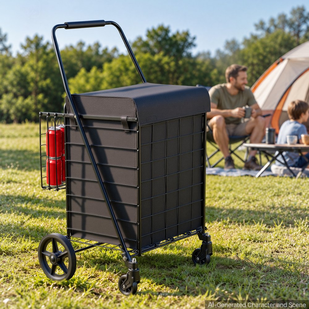 VEVOR Folding Shopping Cart, 17.7 Gal + 3.4 Gal Dual-Basket Grocery Cart, 100LBS Capacity, Steel Rolling Utility Cart with Waterproof Liner & 360° Swivel Wheel for Laundry, Shopping, Camping, Grocery