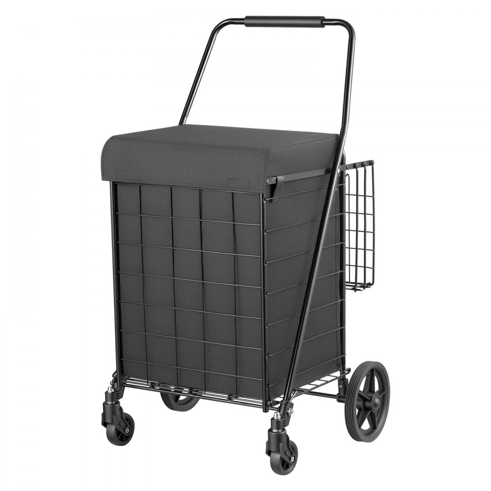 VEVOR Folding Shopping Cart, 17.7 Gal + 3.4 Gal Dual-Basket Grocery Cart, 100LBS Capacity, Steel Rolling Utility Cart with Waterproof Liner & 360° Swivel Wheel for Laundry, Shopping, Camping, Grocery