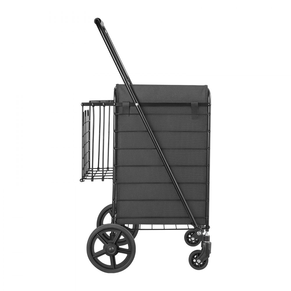 VEVOR Folding Shopping Cart, 17.7 Gal + 3.4 Gal Dual-Basket Grocery Cart, 100LBS Capacity, Steel Rolling Utility Cart with Waterproof Liner & 360° Swivel Wheel for Laundry, Shopping, Camping, Grocery