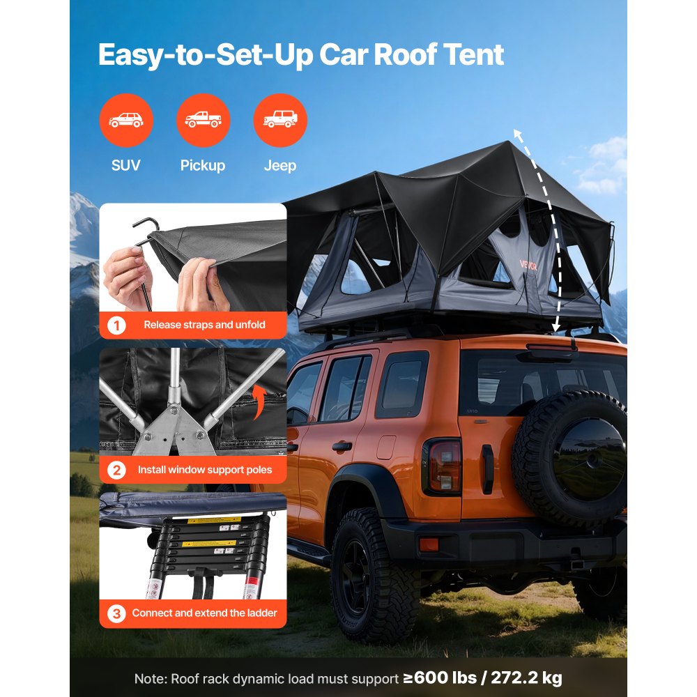 VEVOR Rooftop Tent, 2-3 Person Foldable Aluminum Roof Top Tent with Tri-Color LED Light, Thick Mattress & 10 Windows, Waterproof Windproof Overland Camping Car Roof Rack Suitable for Jeep SUV Pickup
