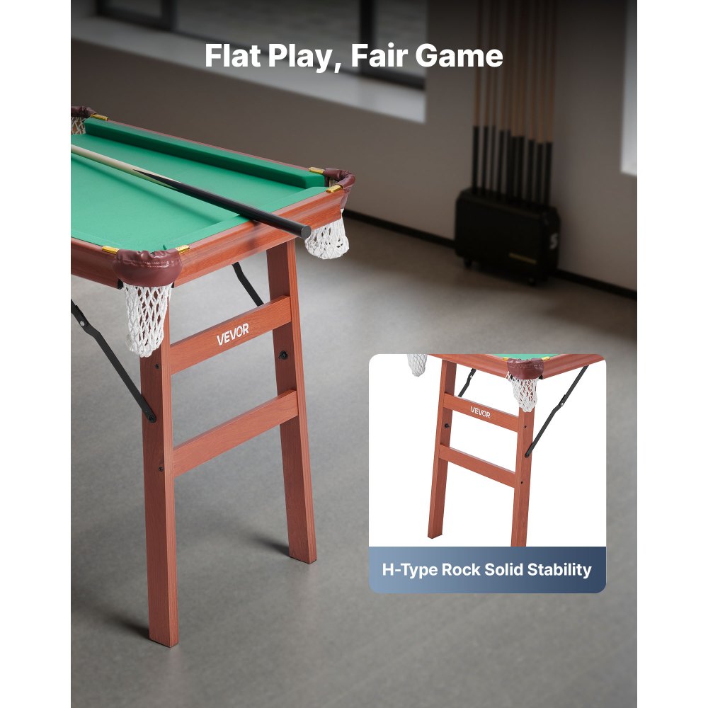 VEVOR Folding Pool Table, 4.5 ft Portable Billiards Tables, Foldable Space-Saving Entertainment Game Set Includes Ball, Cue, Rack, Chalk, Brush, Brown with Bule Cloth, for Family Use, Recreation Room