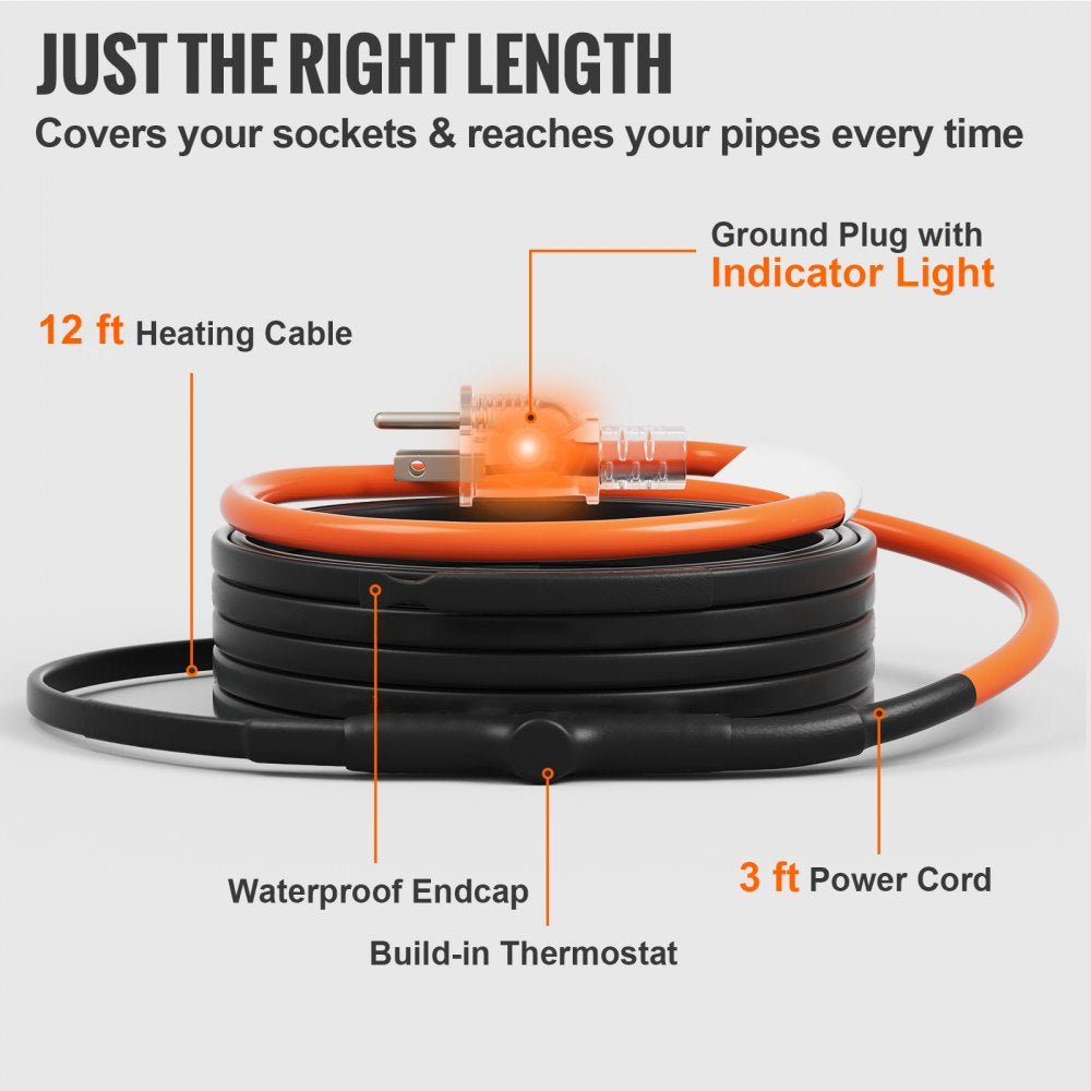 VEVOR Self-Regulating Pipe Heating Cable, 12FT 5W/FT Heat Tape for Pipes Freeze Protection, Water Pipe Heat Cable with Built-in Thermostat Protects PVC Hose, Metal and Plastic Pipe from Freezing