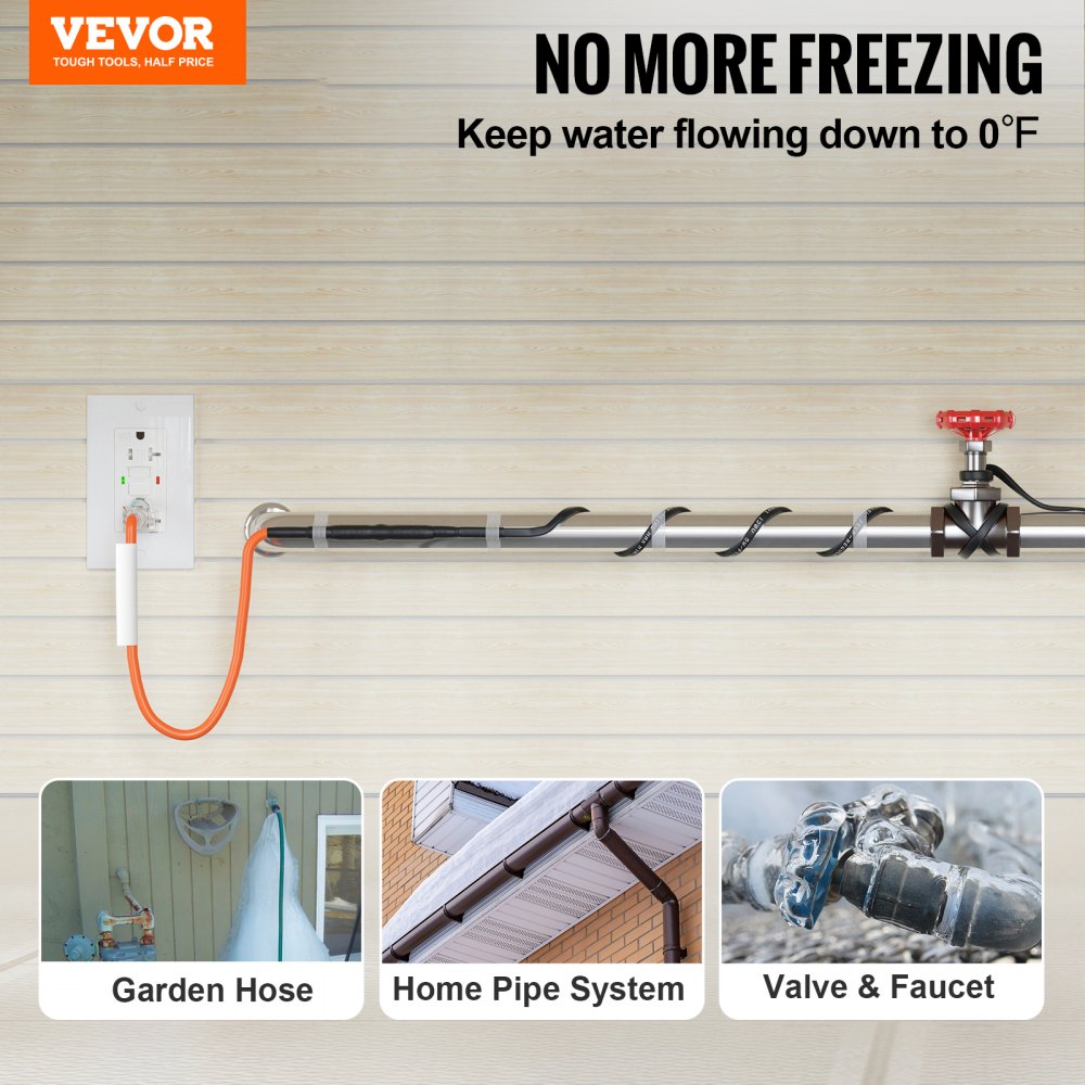 VEVOR Self-Regulating Pipe Heating Cable, 40FT 5W/FT Heat Tape for Pipes Freeze Protection, Water Pipe Heat Cable with Built-in Thermostat Protects PVC Hose, Metal and Plastic Pipe from Freezing