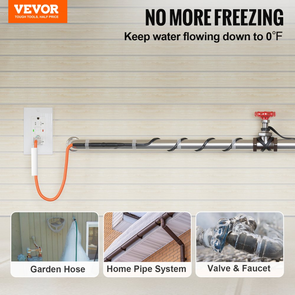 VEVOR Self-Regulating Pipe Heating Cable, 15FT 5W/FT Heat Tape for Pipes Freeze Protection, Water Pipe Heat Cable with Built-in Thermostat Protects PVC Hose, Metal and Plastic Pipe from Freezing