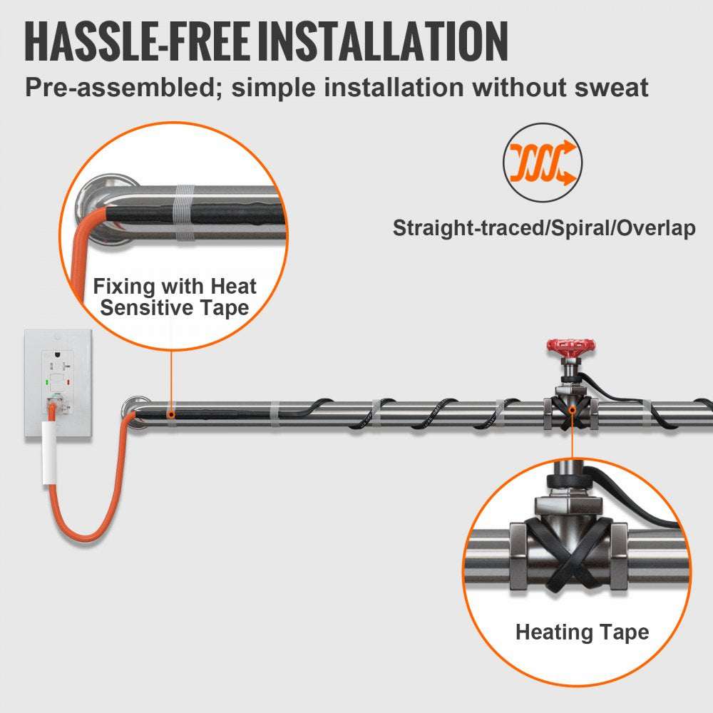 VEVOR Self-Regulating Pipe Heating Cable, 15FT 5W/FT Heat Tape for Pipes Freeze Protection, Water Pipe Heat Cable with Built-in Thermostat Protects PVC Hose, Metal and Plastic Pipe from Freezing