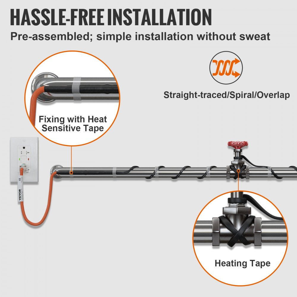 VEVOR Self-Regulating Pipe Heating Cable, 100-feet 5W/ft Heat Tape for Pipes Freeze Protection, Protects PVC Hose, Metal and Plastic Pipe from Freezing, 120V