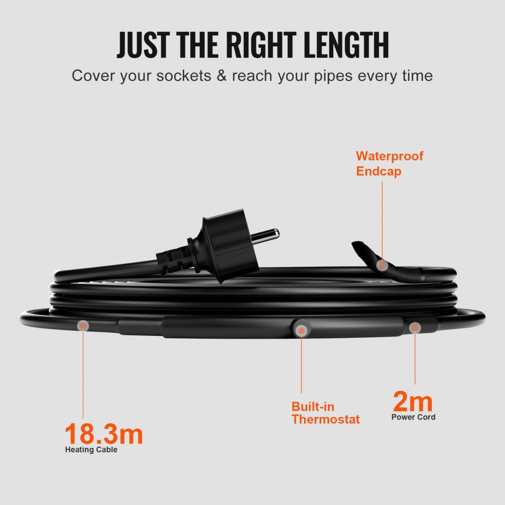 VEVOR Self-Regulating Pipe Heating Cable, 60-feet 5W/ft Heat Tape for Pipes Freeze Protection, Protects PVC Hose, Metal and Plastic Pipe from Freezing, 120V