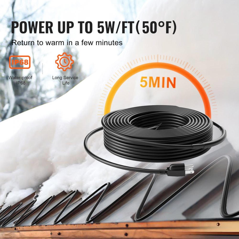 VEVOR Self-Regulating Pipe Heating Cable, 80FT 5W/FT Heat Tape for Pipes, Roof Snow Melting De-icing, Gutter and Pipe Freeze Protection