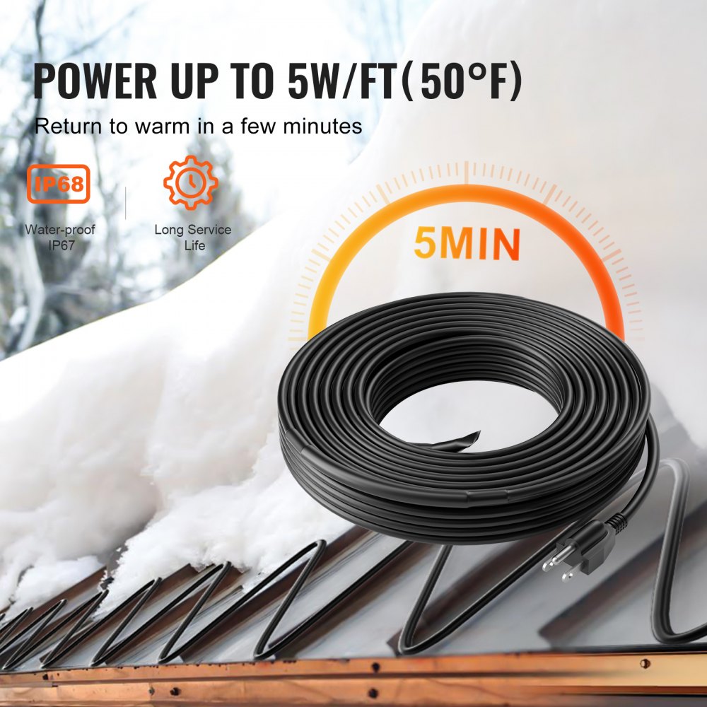 VEVOR Self-Regulating Pipe Heating Cable, 30FT 5W/FT Heat Tape for Pipes, Roof Snow Melting De-icing, Gutter and Pipe Freeze Protection