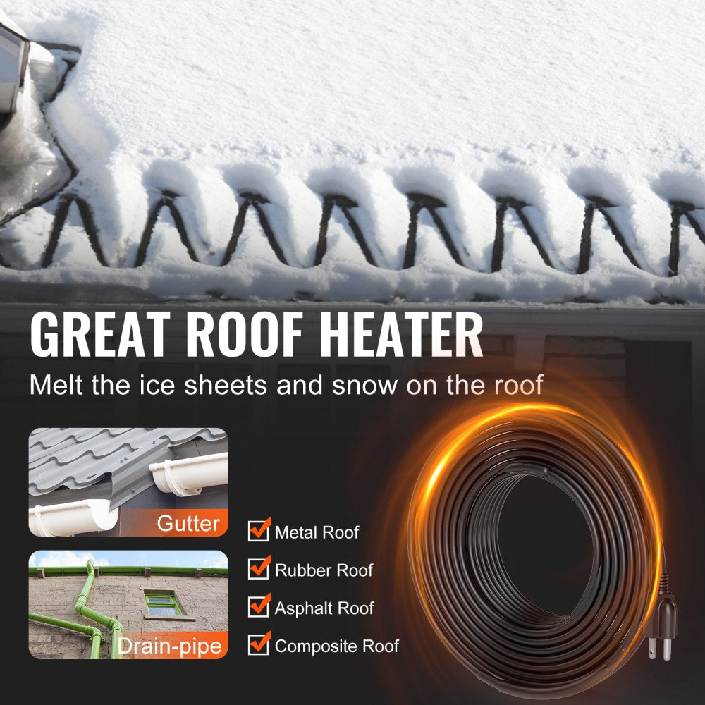 VEVOR Self-Regulating Pipe Heating Cable, 30FT 5W/FT Heat Tape for Pipes, Roof Snow Melting De-icing, Gutter and Pipe Freeze Protection