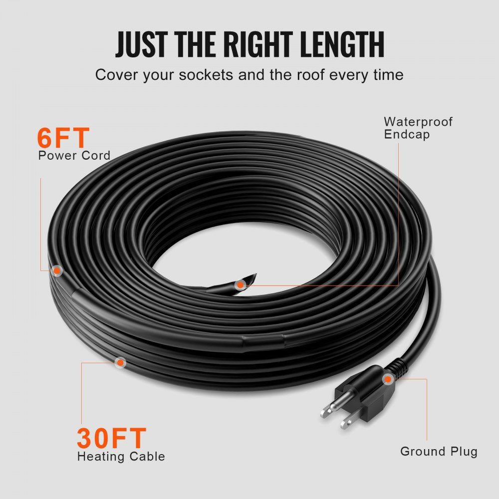 VEVOR Self-Regulating Pipe Heating Cable, 30FT 5W/FT Heat Tape for Pipes, Roof Snow Melting De-icing, Gutter and Pipe Freeze Protection