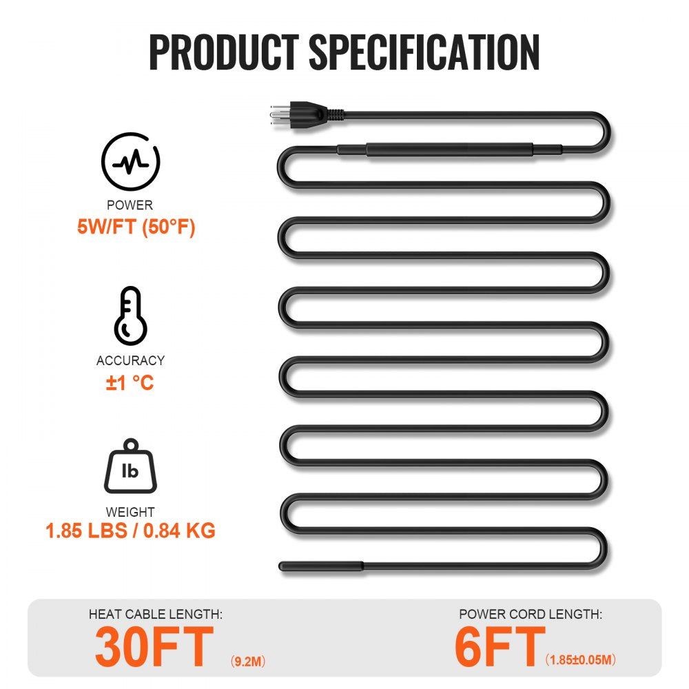 VEVOR Self-Regulating Pipe Heating Cable, 30FT 5W/FT Heat Tape for Pipes, Roof Snow Melting De-icing, Gutter and Pipe Freeze Protection