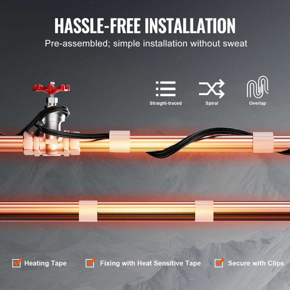 VEVOR Self-Regulating Pipe Heating Cable, 12FT 5W/FT Heat Tape for Pipes, Roof Snow Melting De-icing, Gutter and Pipe Freeze Protection