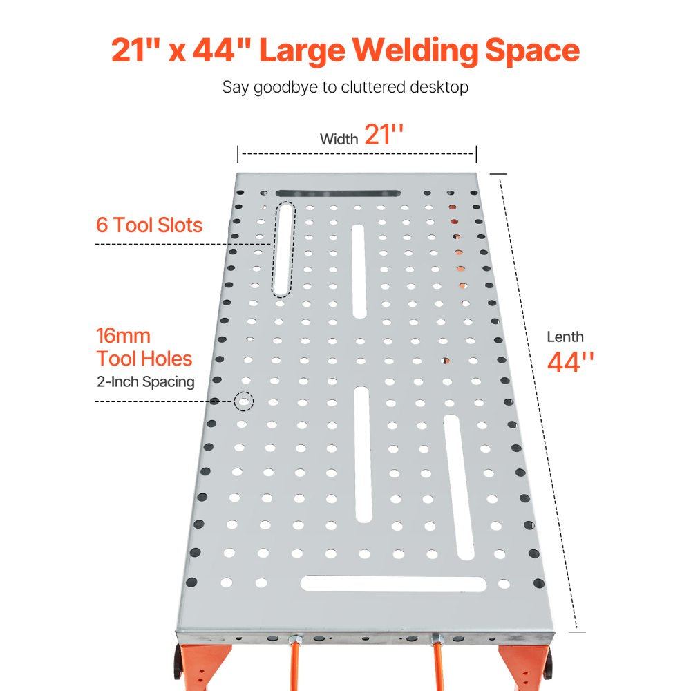VEVOR Foldable Welding Table 44" x 21", 500LBS Capacity Welding Workbench with 4-Level Adjustable Height, Carbon Steel Work Bench with 6 Tool Slots & 0.63" Fixture Holes for Welding Assembly Repair