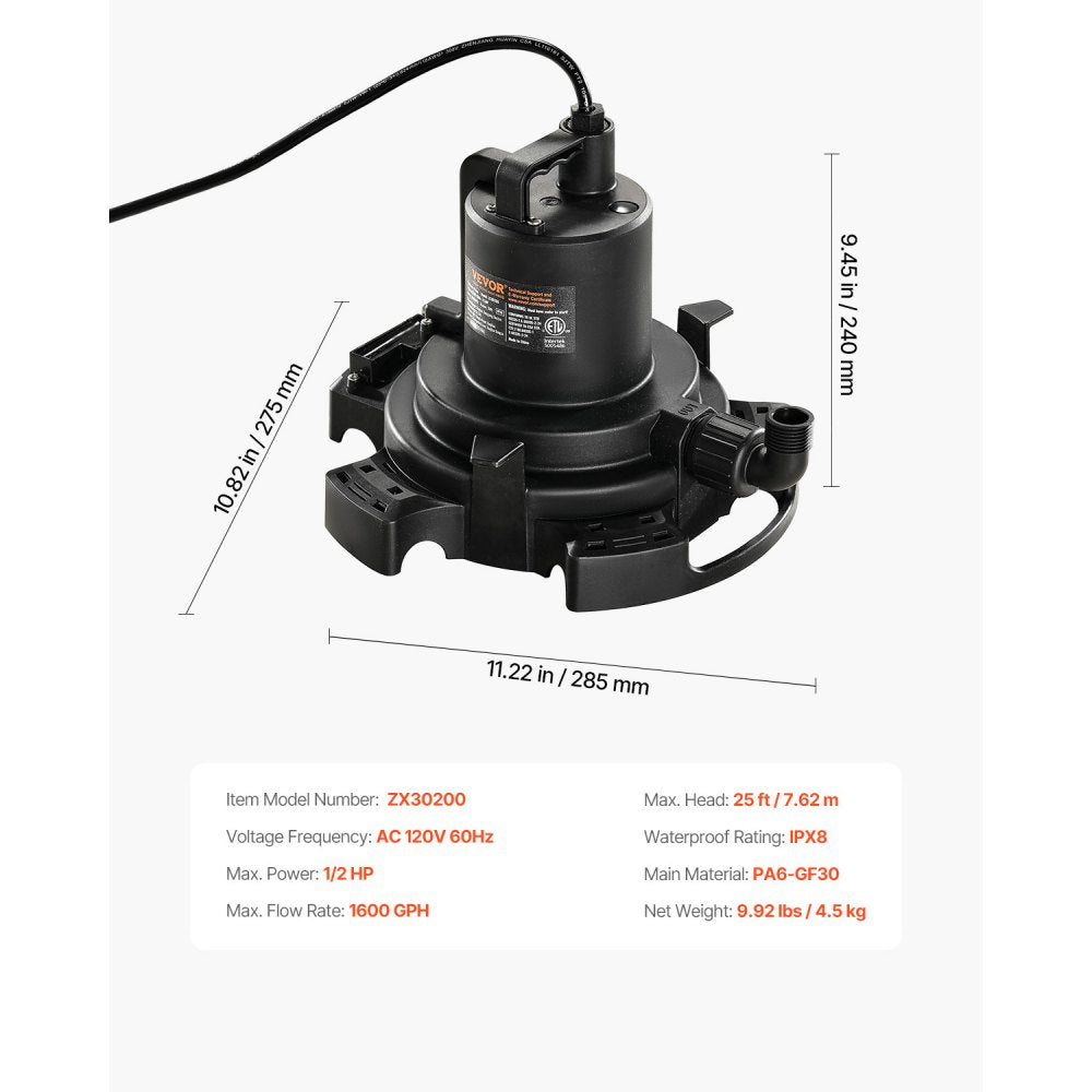 VEVOR Automatic Pool Cover Pump, 1/2 HP 1600 GPH, 120V Submersible Swimming Pool Cover Pump with 25 ft Power Cord, 25 ft Max Head Lift, Water Removal and Transfer Pump, for Pool Draining Hot Tubs