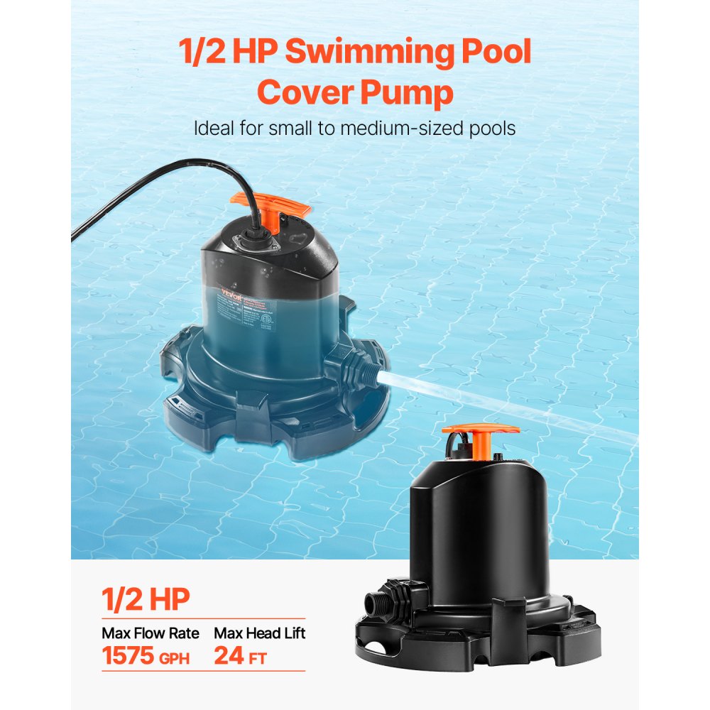 VEVOR Pool Cover Pump, 1/2 HP 1575 GPH, 120V Submersible Swimming Pool Cover Pump with 25 ft Power Cord, 24 ft Max Head Lift, Water Removal and Transfer Pump, for Pool Draining Inflatable Water Parks