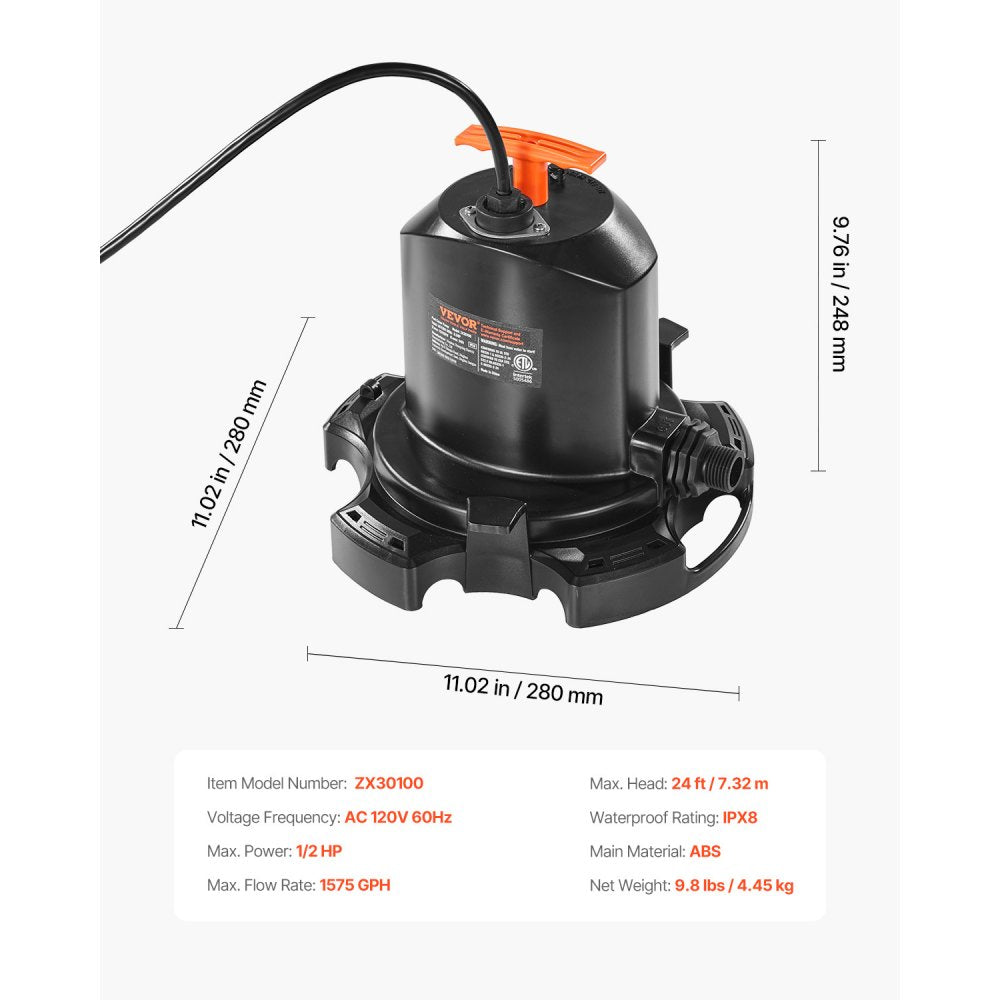 VEVOR Pool Cover Pump, 1/2 HP 1575 GPH, 120V Submersible Swimming Pool Cover Pump with 25 ft Power Cord, 24 ft Max Head Lift, Water Removal and Transfer Pump, for Pool Draining Inflatable Water Parks