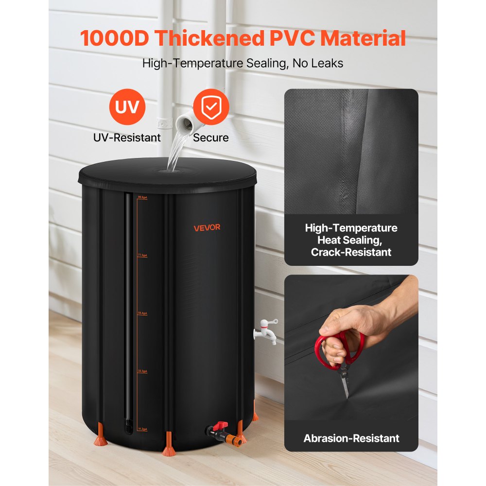 VEVOR Collapsible Rain Barrel, 100 Gallon Portable Rain Water Collection Barrel, 1000D PVC Rainwater Collection System, Garden Water Catcher Tank Storage Container with Spigot & Overflow Kit, Black