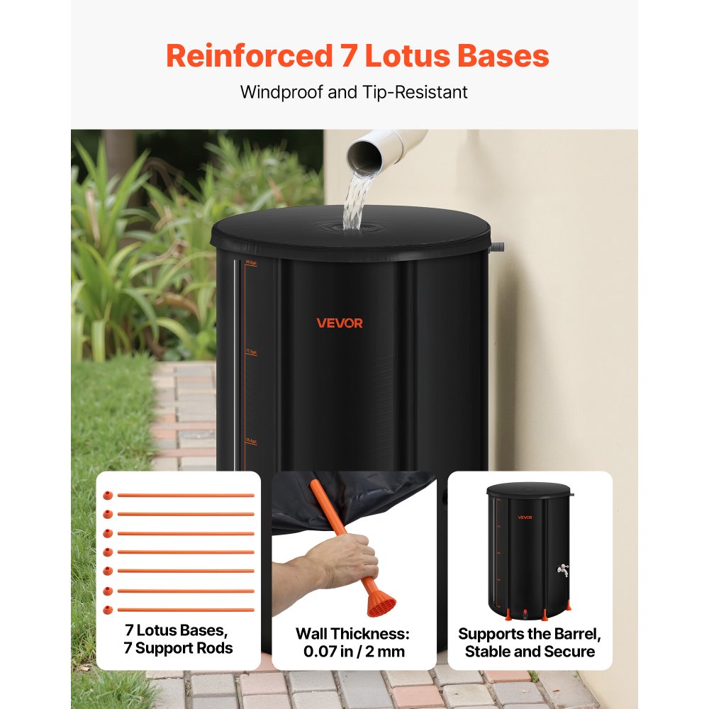 VEVOR Collapsible Rain Barrel, 100 Gallon Portable Rain Water Collection Barrel, 1000D PVC Rainwater Collection System, Garden Water Catcher Tank Storage Container with Spigot & Overflow Kit, Black