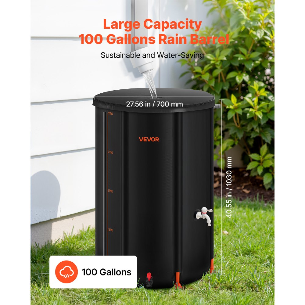 VEVOR Collapsible Rain Barrel, 100 Gallon Portable Rain Water Collection Barrel, 1000D PVC Rainwater Collection System, Garden Water Catcher Tank Storage Container with Spigot & Overflow Kit, Black
