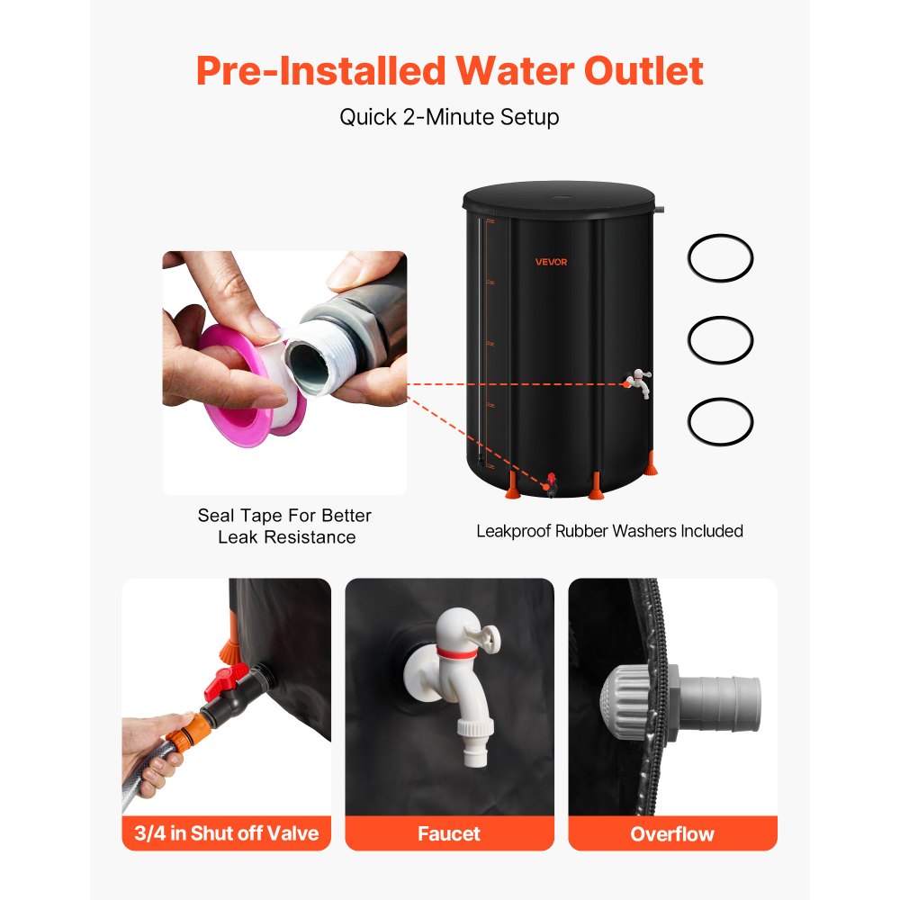 VEVOR Collapsible Rain Barrel, 100 Gallon Portable Rain Water Collection Barrel, 1000D PVC Rainwater Collection System, Garden Water Catcher Tank Storage Container with Spigot & Overflow Kit, Black