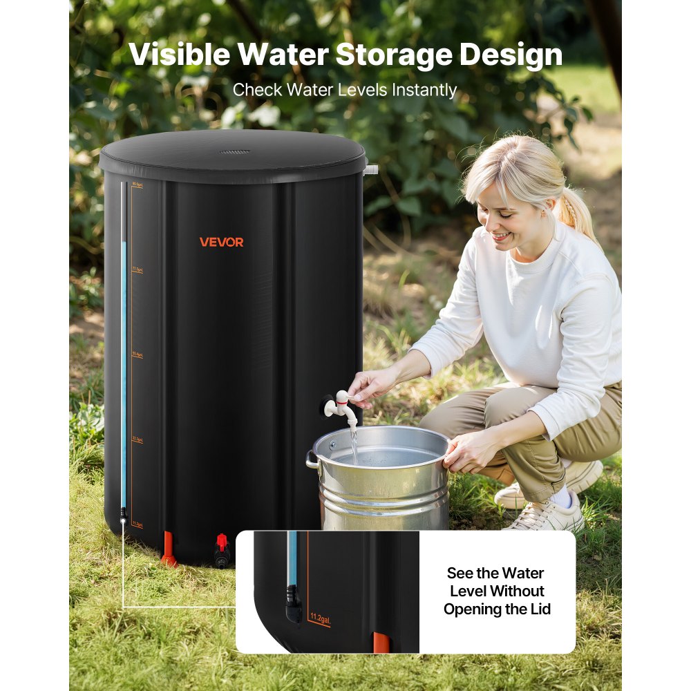 VEVOR Collapsible Rain Barrel, 100 Gallon Portable Rain Water Collection Barrel, 1000D PVC Rainwater Collection System, Garden Water Catcher Tank Storage Container with Spigot & Overflow Kit, Black