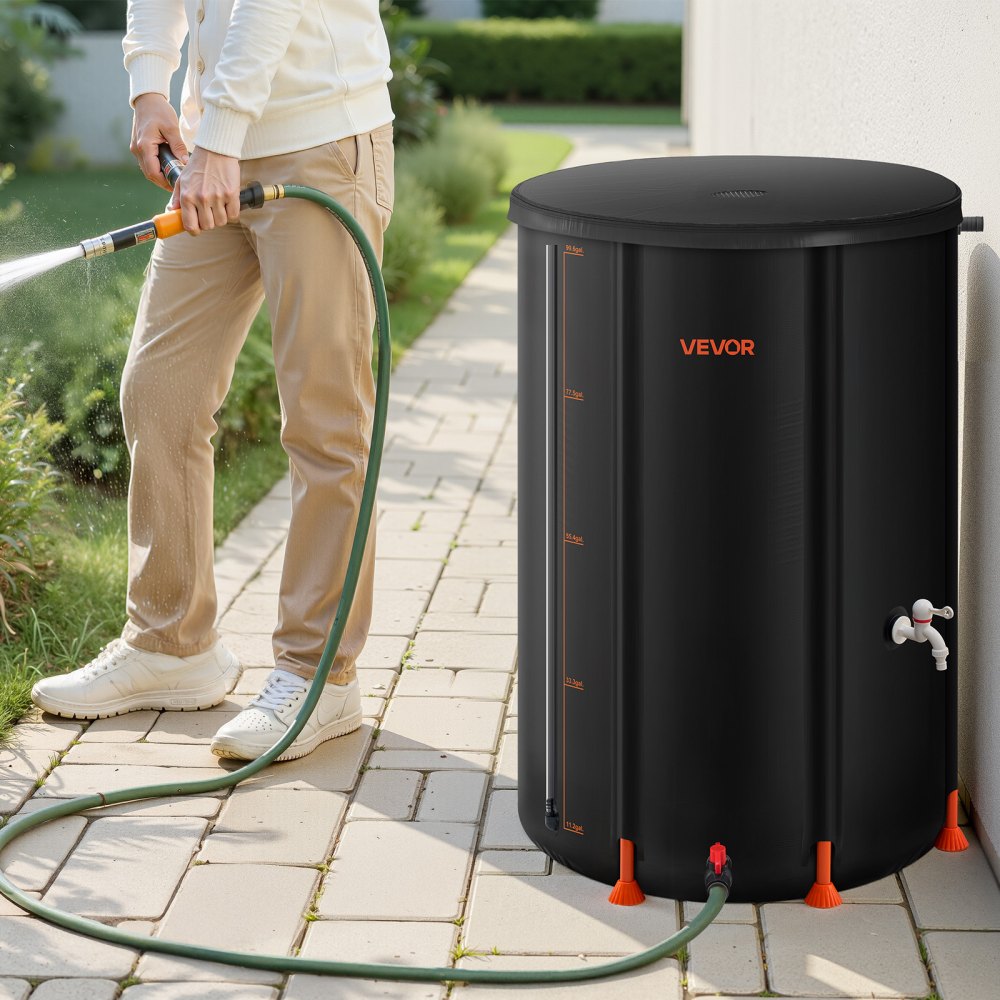 VEVOR Collapsible Rain Barrel, 100 Gallon Portable Rain Water Collection Barrel, 1000D PVC Rainwater Collection System, Garden Water Catcher Tank Storage Container with Spigot & Overflow Kit, Black