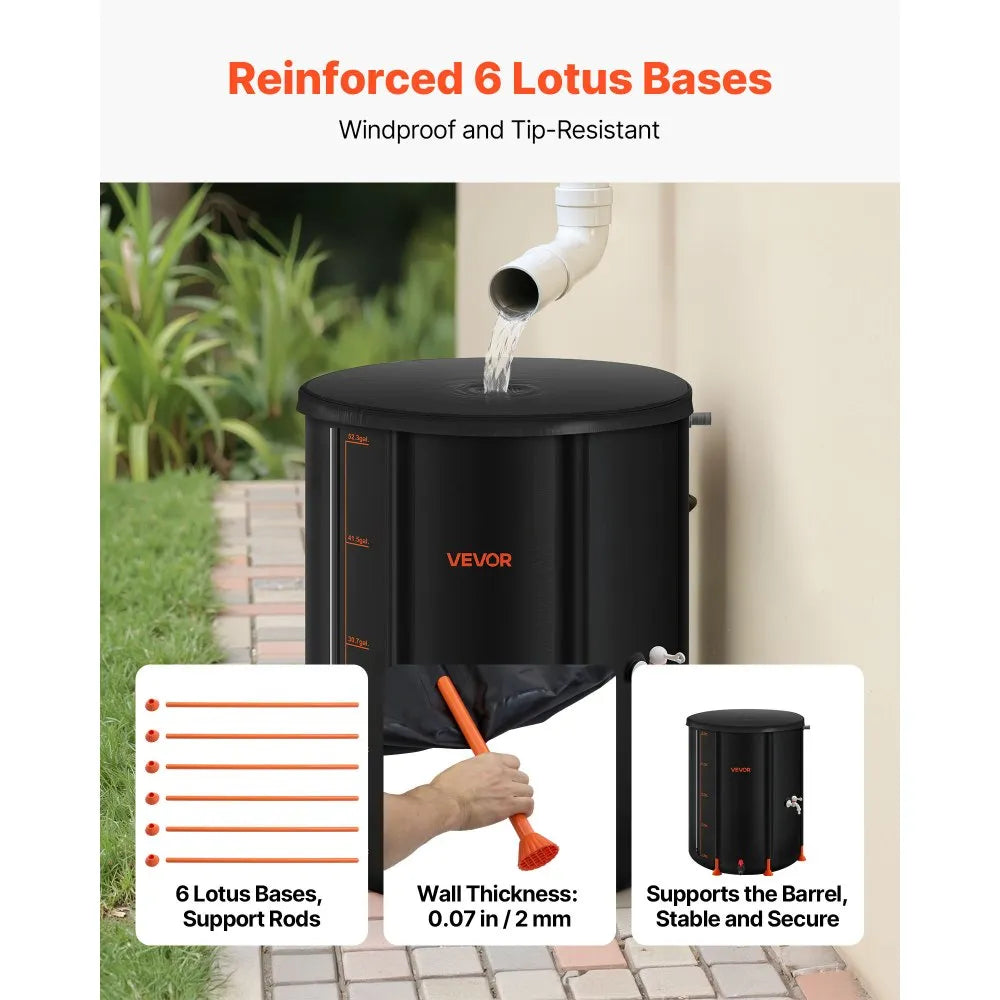 VEVOR Collapsible Rain Barrel, 53 Gallon Portable Rain Water Collection Barrel, 1000D PVC Rainwater Collection System, Garden Water Catcher Tank Storage Container with Spigot & Overflow Kit, Black
