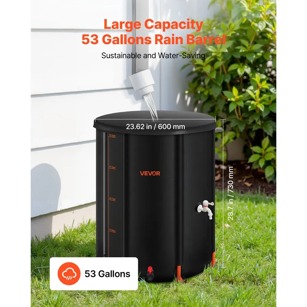 VEVOR Collapsible Rain Barrel, 53 Gallon Portable Rain Water Collection Barrel, 1000D PVC Rainwater Collection System, Garden Water Catcher Tank Storage Container with Spigot & Overflow Kit, Black
